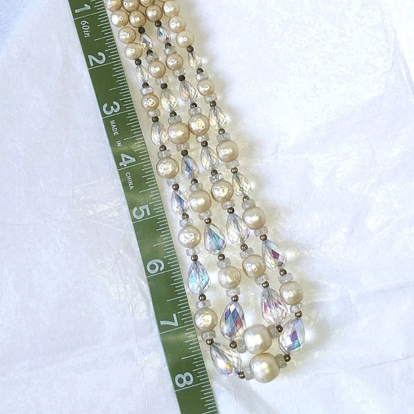 BAROQUE PEARL & AURORA BOREALIS GLASS CRYSTAL NECKLACE - DOUBLE STRAND - Picture 8 of 9